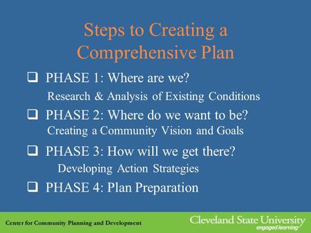 Steps to Creating a Comprehensive Plan  PHASE 1: Where are we? Research & Analysis of Existing Conditions  PHASE 2: Where do we want to be? Creating.