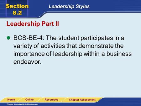 Leadership Part II BCS-BE-4: The student participates in a variety of activities that demonstrate the importance of leadership within a business endeavor.