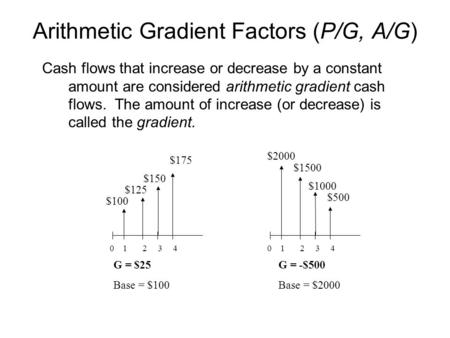 Arithmetic Gradient Factors (P/G, A/G) Cash flows that increase or decrease by a constant amount are considered arithmetic gradient cash flows. The amount.