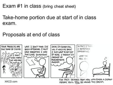 XKCD.com Exam #1 in class (bring cheat sheet) Take-home portion due at start of in class exam. Proposals at end of class.