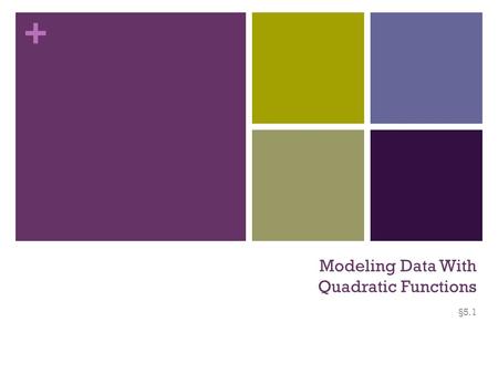+ Modeling Data With Quadratic Functions §5.1. + Objectives Identify quadratic functions and graphs. Model data with quadratic functions. Graph quadratic.