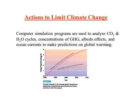 Actions to Limit Climate Change Computer simulation programs are used to analyze CO 2 & H 2 O cycles, concentrations of GHG, albedo effects, and ocean.