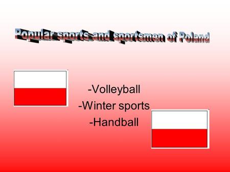 -Volleyball -Winter sports -Handball. Our national sport is the men’s volleyball team that represents the country in internetional competitions and friendly.