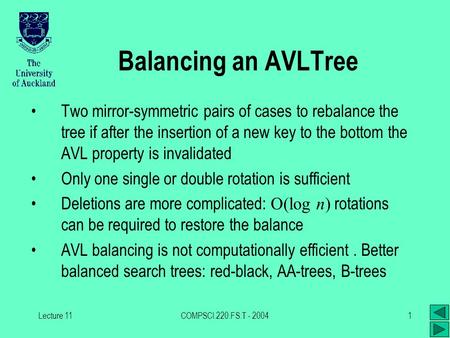Lecture 11COMPSCI.220.FS.T - 20041 Balancing an AVLTree Two mirror-symmetric pairs of cases to rebalance the tree if after the insertion of a new key to.