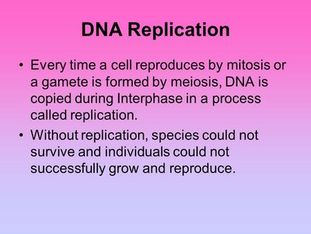 DNA Replication Every time a cell reproduces by mitosis or a gamete is formed by meiosis, DNA is copied during Interphase in a process called replication.