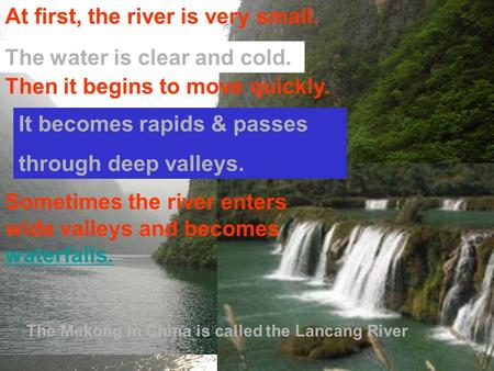 What does the Mekong look like ？ The water is clear and cold. Then it begins to move quickly. It becomes rapids & passes through deep valleys. Sometimes.
