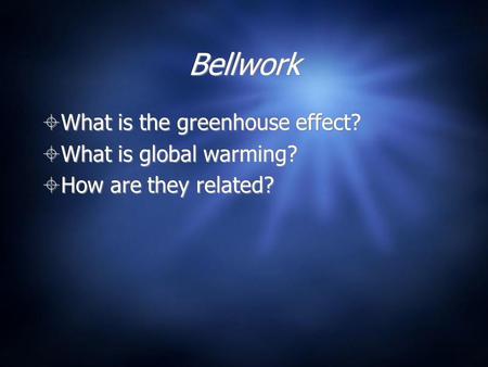 Bellwork What is the greenhouse effect? What is global warming?