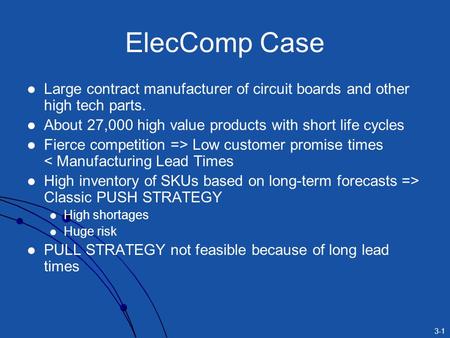ElecComp Case Large contract manufacturer of circuit boards and other high tech parts. About 27,000 high value products with short life cycles Fierce competition.