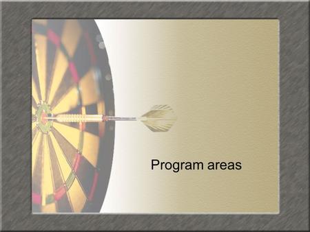 Program areas. Objectives To become familiar with various program areas available to the program/event planner To allow you to generate program/event.