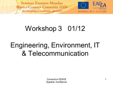 Consortium: EMMS Speaker: Ana Barros 1 Workshop 3 01/12 Engineering, Environment, IT & Telecommunication.