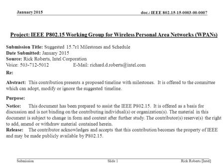 Doc.: IEEE 802.15-15-0003-00-0007 Submission January 2015 Rick Roberts [Intel]Slide 1 Project: IEEE P802.15 Working Group for Wireless Personal Area Networks.
