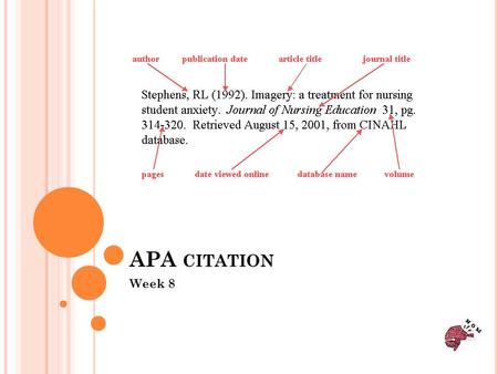 APA CITATION Week 8. F OR APA C ITATION G UIDANCE An excellent website to know is the Purdue Online Writing webpage. Otherwise known as OWL. OWL will.