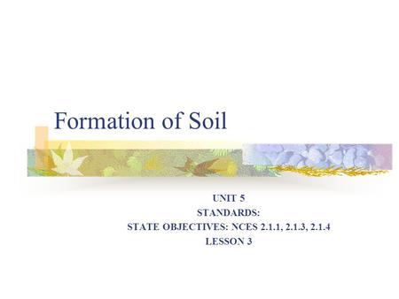 Formation of Soil UNIT 5 STANDARDS: STATE OBJECTIVES: NCES 2.1.1, 2.1.3, 2.1.4 LESSON 3.