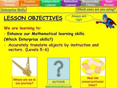 We are learning to: - Enhance our Mathematical learning skills. (Which Enterprise skills?) -Accurately translate objects by instruction and vectors. (Levels.