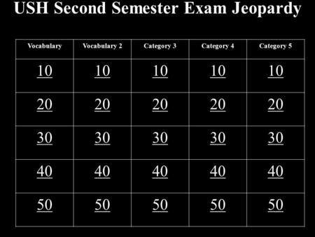USH Second Semester Exam Jeopardy VocabularyVocabulary 2Category 3Category 4Category 5 10 20 30 40 50.