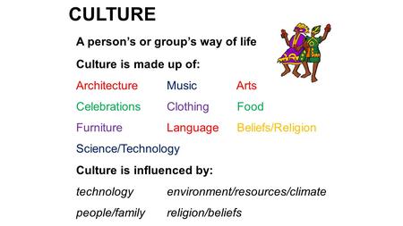 CULTURE A person’s or group’s way of life Culture is made up of: ArchitectureMusic Arts CelebrationsClothing Food FurnitureLanguage Beliefs/Religion Science/Technology.