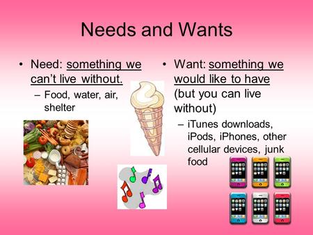 Needs and Wants Need: something we can’t live without. –Food, water, air, shelter Want: something we would like to have (but you can live without) –iTunes.