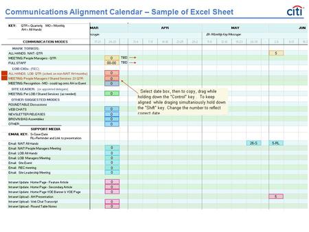 Communications Alignment Calendar – Sample of Excel Sheet