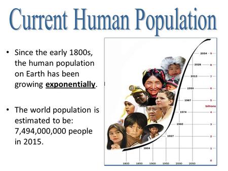 Since the early 1800s, the human population on Earth has been growing exponentially. The world population is estimated to be: 7,494,000,000 people in 2015.