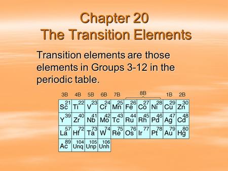 Chapter 20 The Transition Elements Transition elements are those elements in Groups 3-12 in the periodic table.