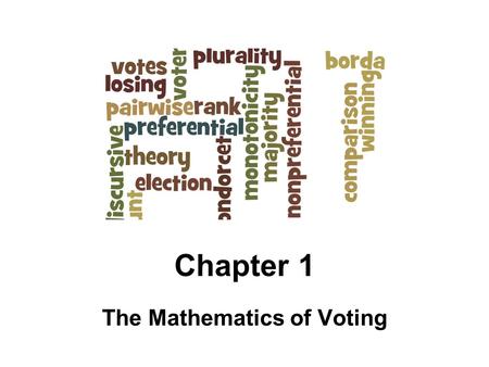 The Mathematics of Voting Chapter 1. Voting theory: application of methods that affect the outcome of an election. Sec 1: Preference Ballots and Schedules.
