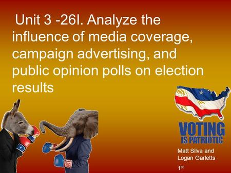 Unit 3 -26I. Analyze the influence of media coverage, campaign advertising, and public opinion polls on election results Matt Silva and Logan Garletts.