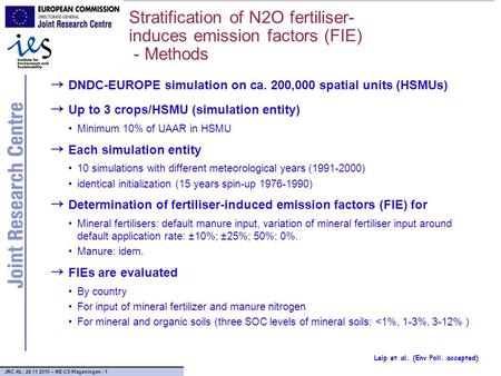 JRC-AL: 24.11.2010 – NE-C5-Wageningen - 1 Stratification of N2O fertiliser- induces emission factors (FIE) - Methods → DNDC-EUROPE simulation on ca. 200,000.