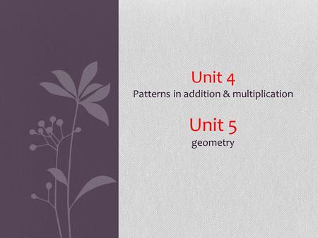 Unit 4 Patterns in addition & multiplication Unit 5 geometry.