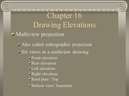 Chapter 16 Drawing Elevations Multiview projection Also called orthographic projection Front elevation Six views in a multiview drawing Rear elevation.