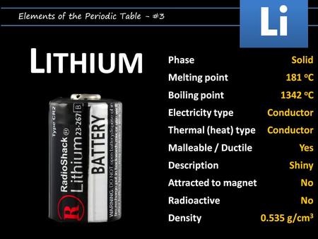 L ITHIUM Elements of the Periodic Table - #3 Li PhaseSolid Melting point Boiling point Electricity type Thermal (heat) type Malleable / Ductile Description.