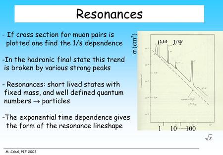 M. Cobal, PIF 2003 Resonances - If cross section for muon pairs is plotted one find the 1/s dependence -In the hadronic final state this trend is broken.