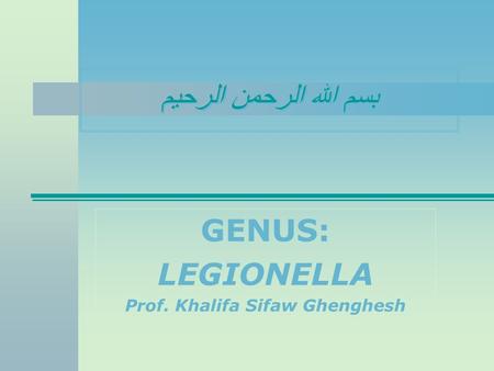 بسم الله الرحمن الرحيم GENUS: LEGIONELLA Prof. Khalifa Sifaw Ghenghesh.
