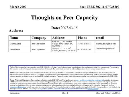 Doc.: IEEE 802.11-07/0358r0 Submission March 2007 Zhao and Walker, Intel CorpSlide 1 Thoughts on Peer Capacity Date: 2007-03-15 Authors: Notice: This document.