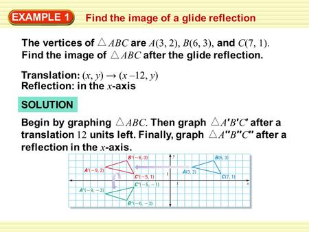 SOLUTION EXAMPLE 1 Find the image of a glide reflection The vertices of ABC are A(3, 2), B(6, 3), and C(7, 1). Find the image of ABC after the glide reflection.