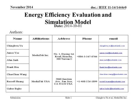 Submission doc.: IEEE 11-14/1444r0 November 2014 Chinghwa Yu et al, MediaTek Inc.Slide 1 Energy Efficiency Evaluation and Simulation Model Date: 2014-10-01.