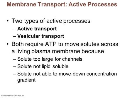 © 2013 Pearson Education, Inc. Membrane Transport: Active Processes Two types of active processes –Active transport –Vesicular transport Both require ATP.