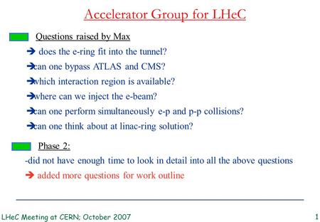 Accelerator Group for LHeC LHeC Meeting at CERN; October 2007 1 Questions raised by Max  does the e-ring fit into the tunnel?  can one bypass ATLAS and.