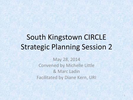 South Kingstown CIRCLE Strategic Planning Session 2 May 28, 2014 Convened by Michelle Little & Marc Ladin Facilitated by Diane Kern, URI 1.
