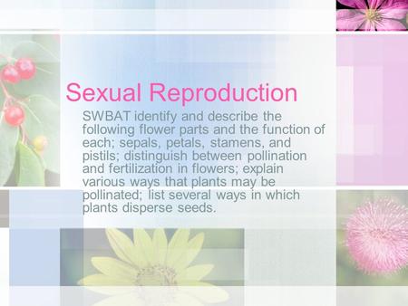 Sexual Reproduction SWBAT identify and describe the following flower parts and the function of each; sepals, petals, stamens, and pistils; distinguish.