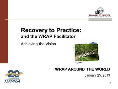 Recovery to Practice: Recovery to Practice: and the WRAP Facilitator Achieving the Vision WRAP AROUND THE WORLD January 25, 2013 1.