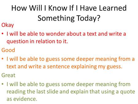 How Will I Know If I Have Learned Something Today? Okay I will be able to wonder about a text and write a question in relation to it. Good I will be able.