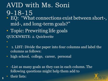 1 AVID with Ms. Soni 9-18-15 EQ: “What connections exist between short-, mid-, and long-term goals?” Topic: Prewriting life goals QUICKWRITE: 2. Quickwrite.