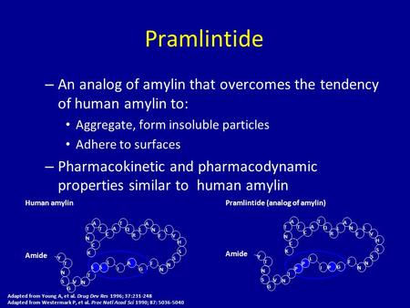 Pramlintide – An analog of amylin that overcomes the tendency of human amylin to: Aggregate, form insoluble particles Adhere to surfaces – Pharmacokinetic.