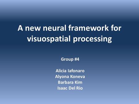 A new neural framework for visuospatial processing Group #4 Alicia Iafonaro Alyona Koneva Barbara Kim Isaac Del Rio.