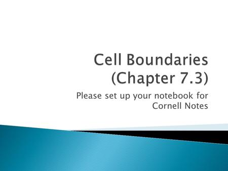 Please set up your notebook for Cornell Notes. Cell membrane (plasma membrane)  Regulates the movement of materials into and out of the cell (selectively.