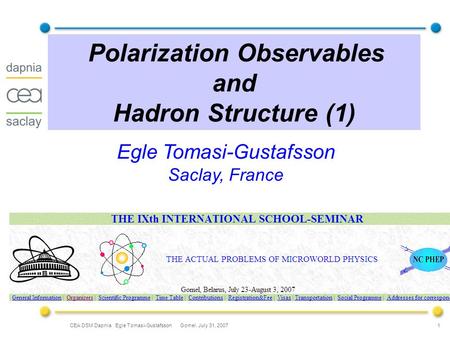 CEA DSM Dapnia Egle Tomasi-Gustafsson Gomel, July 31, 2007 1 Polarization Observables and Hadron Structure (1) Egle Tomasi-Gustafsson Saclay, France.