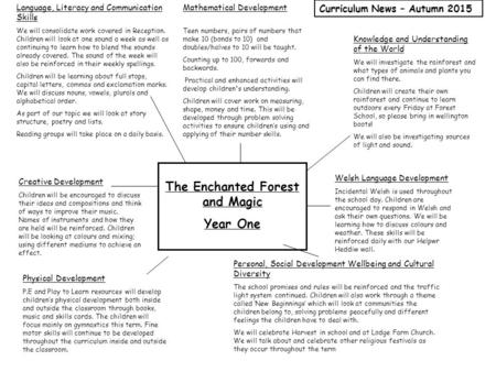 The Enchanted Forest and Magic Year One Knowledge and Understanding of the World We will investigate the rainforest and what types of animals and plants.