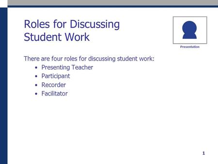 Presentation 1 Roles for Discussing Student Work There are four roles for discussing student work: Presenting Teacher Participant Recorder Facilitator.