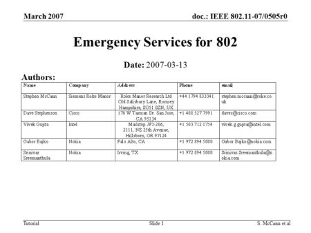 Doc.: IEEE 802.11-07/0505r0 Tutorial March 2007 S. McCann et alSlide 1 Emergency Services for 802 Date: 2007-03-13 Authors: