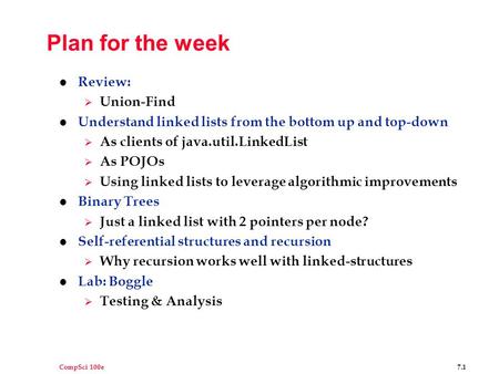 CompSci 100e 7.1 Plan for the week l Review:  Union-Find l Understand linked lists from the bottom up and top-down  As clients of java.util.LinkedList.